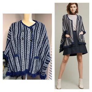 Anthropologie Sleeping On Snow Poncho‎ Sweater With Pockets Fringe Hem
